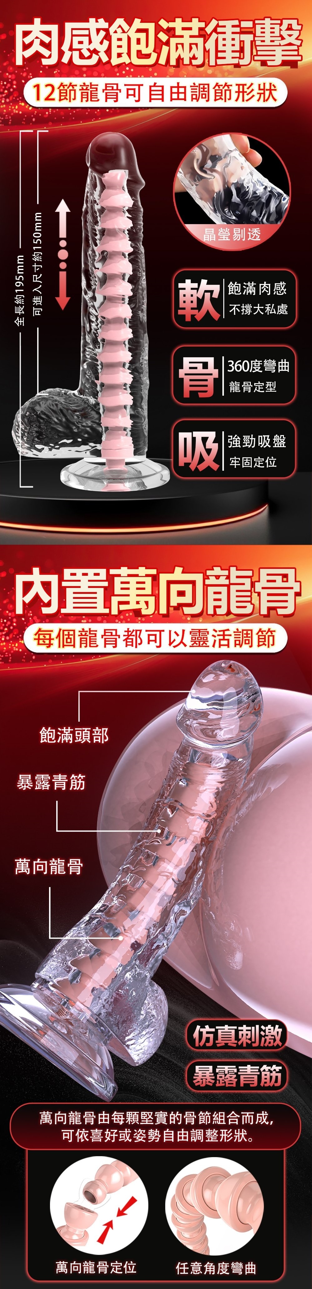 冲天炮龍骨彎曲透明吸盤按摩棒